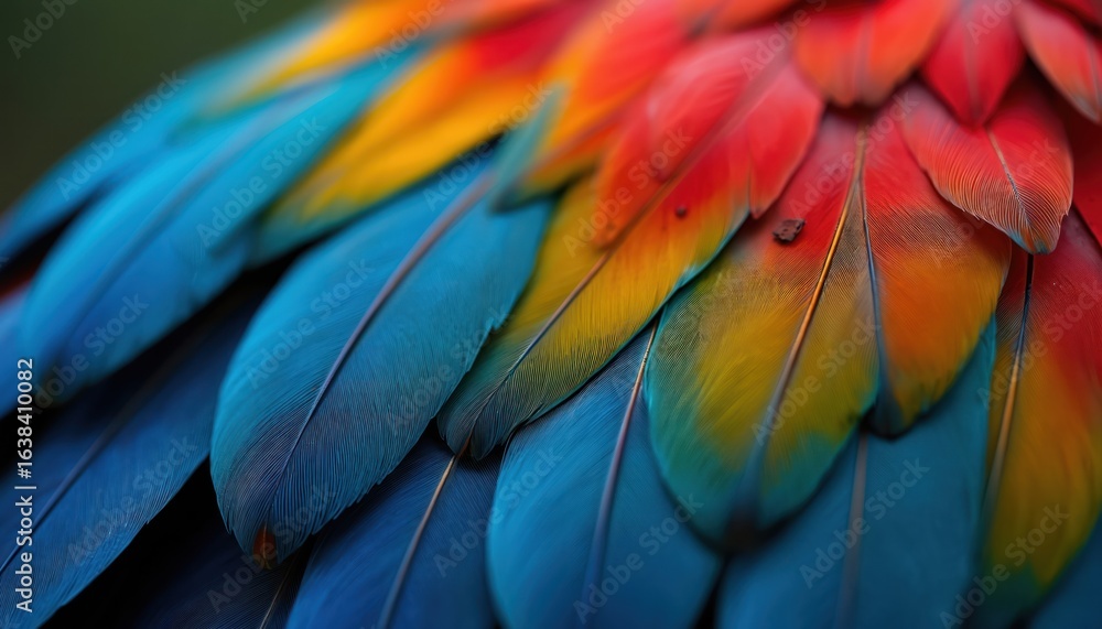 Fototapeta premium Macro shot of vibrant macaw bird feathers in seamless pattern. Textures of blue, red, yellow plumage create striking visual. Detailed natural background with soft focus on feather details. Suitable