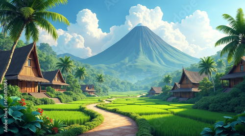 Tropical Landscape with Volcano and Palm Trees