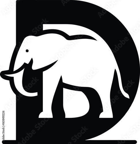 Elegant Elephant Silhouette in Letter D Design for Logo or Branding Identity Animal Conservation Symbol Illustration