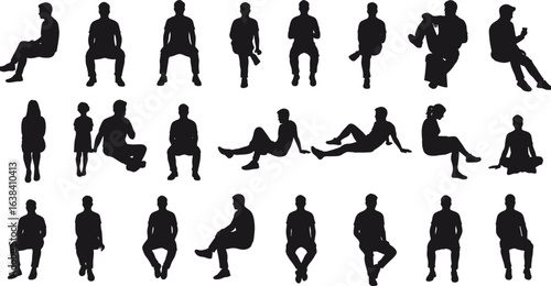 Silhouettes of men and women sitting, standing, leaning, and meditating in different poses, casual and relaxed body postures for vector illustration use