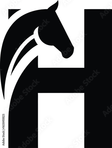 Elegant Horse Head Silhouette Combined with Letter H Logo Black and White Vector Illustration