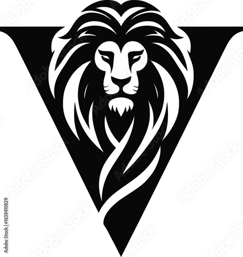 Striking lion head emblem in black and white vector format for logos branding and modern designs featuring a bold triangle backdrop