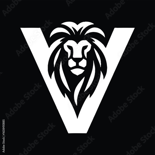 White Lion Silhouette within Letter V on Black Background Symbol of Strength and Leadership Powerful Emblem