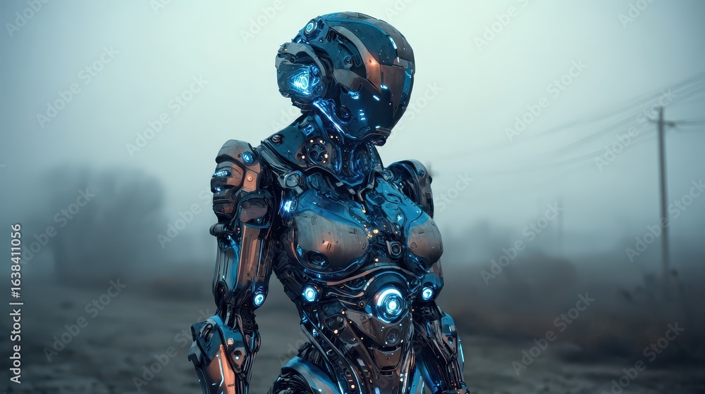 Naklejka premium Female robot standing in foggy field, future tech