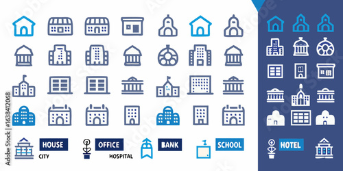 Collection of building and city icons in blue and white