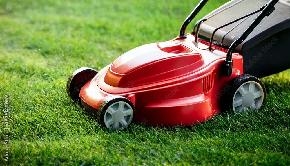 Fototapeta premium close up of a small red lawnmower on a grassy surface