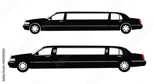 Black Silhouettes of Long Limousines in Profile and Side Views