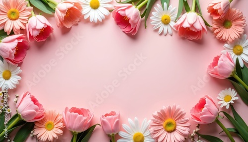 Wallpaper Mural Pink floral arrangement on pastel background with scattered daisies and tulips. Soft colors evoke spring, perfect for marketing. Offers copy space for text overlays or product placement. Torontodigital.ca
