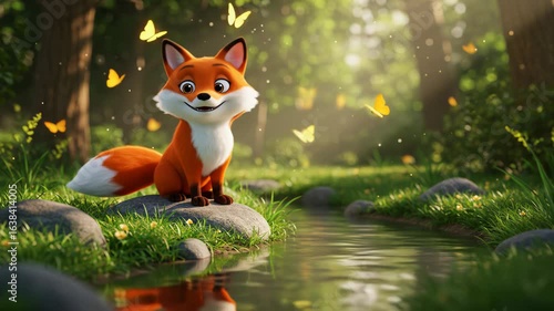 A whimsical fox by a serene stream, surrounded by fluttering butterflies.