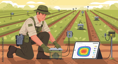 Innovative agricultural technician installing sensors in crop fields for monitoring