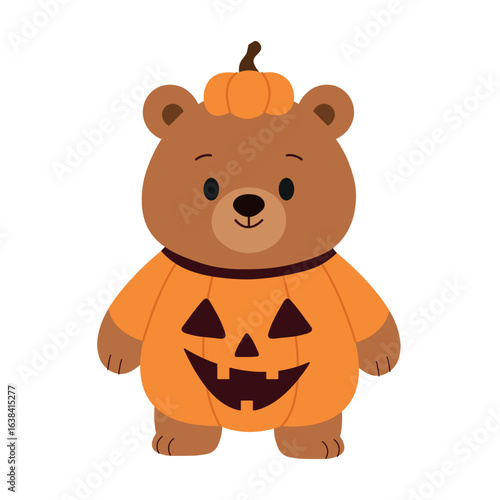 Cute smiling brown bear wearing an adorable pumpkin costume, with hat. Vector baby bear mascot in festive Halloween vibe, perfect for stickers, cards, and decorations.