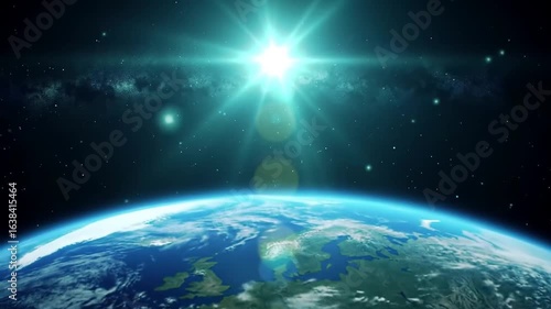 Earth from space with a bright sun