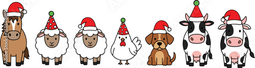 Adorable Farm Animals Wearing Christmas Hats: Cartoon Illustration for Holiday Design