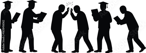 Vector illustration of students graduating and clashing in debate, symbolizing the conflict of ideas and intellectual challenge in academia, showcasing both educational success and disagreement.