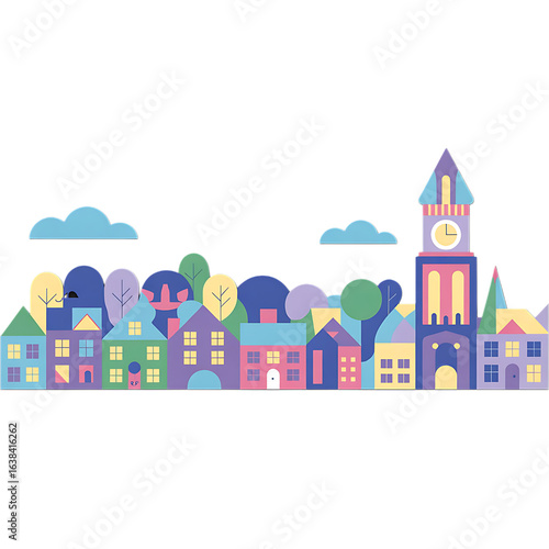 A whimsical and colorful cartoon cityscape with a prominent church clock tower against a white background. This fun illustration features vibrant houses, trees, and clouds in a flat, modern style.