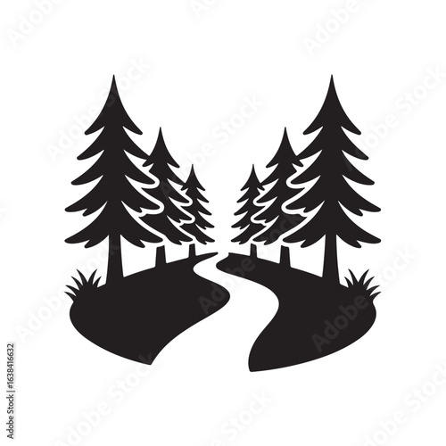 Winding forest path between pine trees silhouette nature