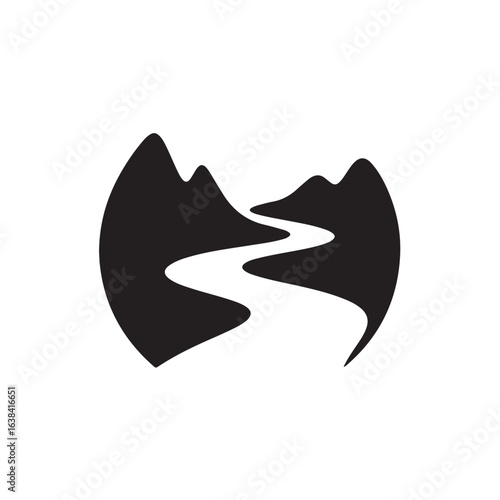 Winding river flowing between mountain peaks silhouette mountains black