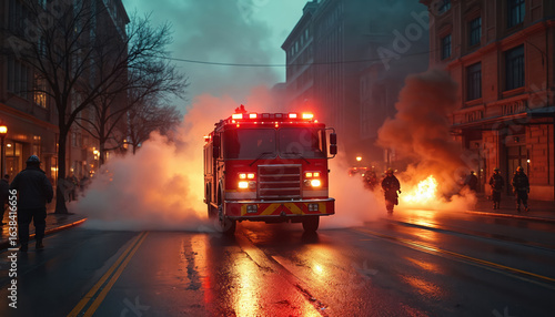 Red firetruck arrives on a wet city street at night, sirens flashing amid smoke and flames. Firefighters move into action near a building. Dynamic emergency scene shows danger and rescue efforts.