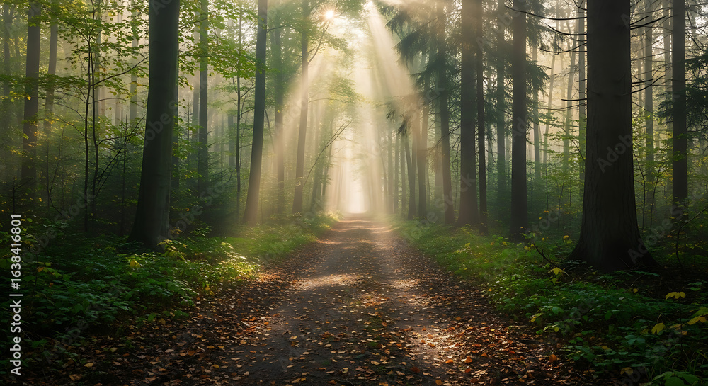 Fototapeta premium Sunlight streams through a forest path, illuminating the trees and ground.