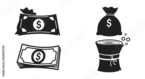Money Bag and Bills Silhouette Icons
