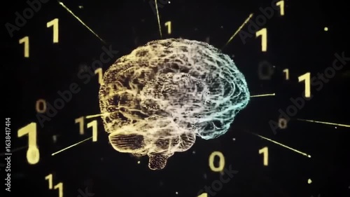 Digital representation of a human brain with binary code overlay.