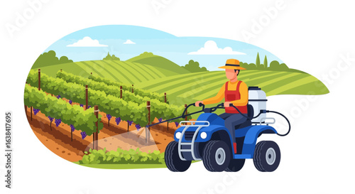 Vineyard worker applying pesticides using quad bike in agricultural field