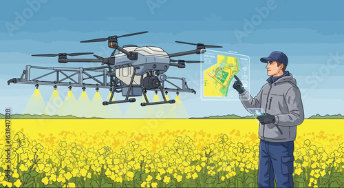 Precision agriculture, farmer controls drone spraying crops via holographic display