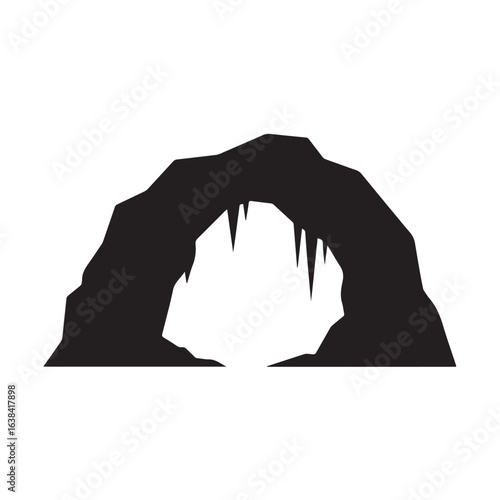 Black silhouette of a rocky cave entrance with stalactites formation natural