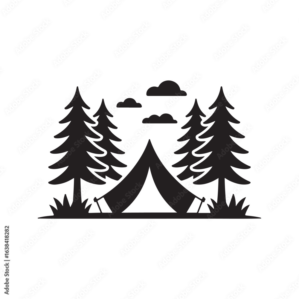 Obraz premium Black tent nestled among pine trees under clouds forest camping