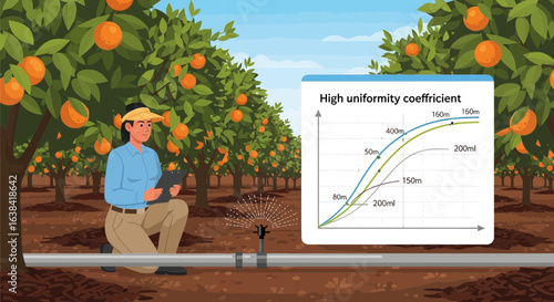 Orchard irrigation analysis showing high uniformity coefficient for efficient water distribution