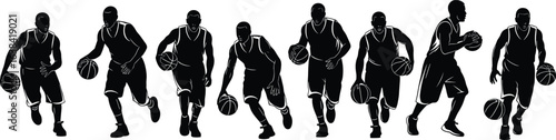 Basketball player silhouette illustration, dribbling action poses, sports athlete vector art, street basketball design, running player motion, professional game sequence artwork