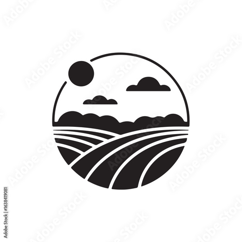 Rural landscape with sun and clouds in a circle agriculture black