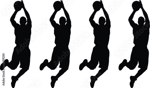 Basketball player silhouette, slam dunk action, jump shot sports, athlete in motion, basketball game scene, sports figure illustration, competitive basketball, athletic performance
