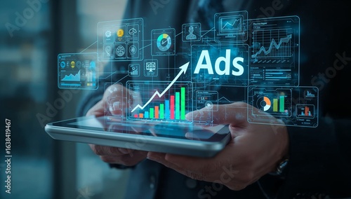 Digital marketing analytics and advertising campaign performance on tablet