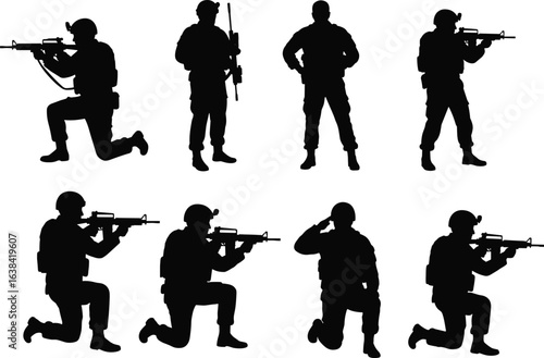 Soldier silhouette set armed military men with rifles kneeling saluting standing tactical position black vector illustration white background army combat troop pose clipart