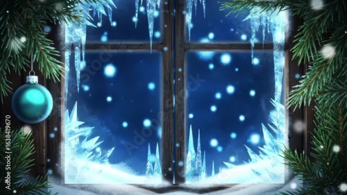 Iced window at night with Christmas decorations