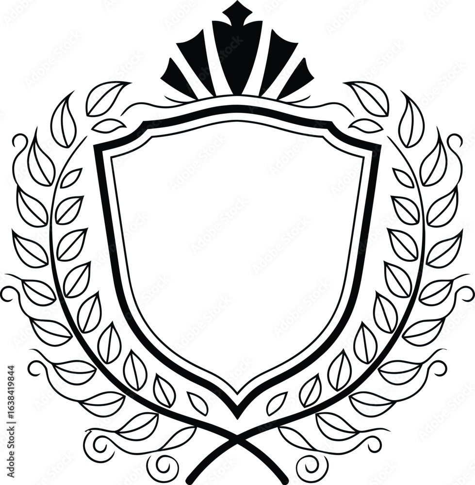 Obraz premium Royal Crest Frame Vector| Heraldic Shield with Crown and Laurel Wreath| Black Outline Design