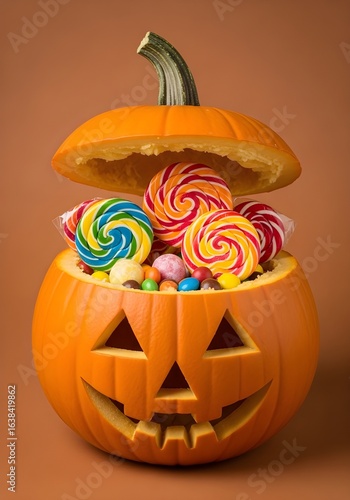Pumpkin Filled with Colorful Lollipops – Sweet Halloween Treat Display