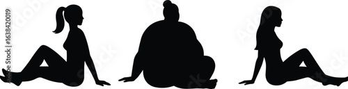 Sitting woman silhouette collection plus size and slim female figures floor relaxed pose black vector clipart isolated on white background body shape diversity art