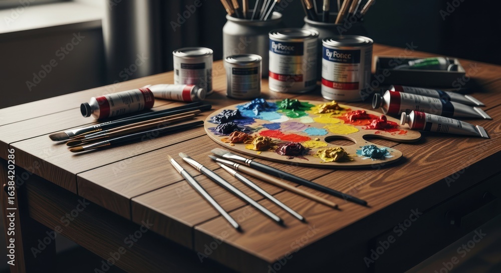 Fototapeta premium Paint supplies on a wooden table, various colors and brushes