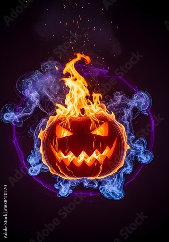 Flaming Pumpkin with Blue and Orange Fire – Scary Halloween Concept