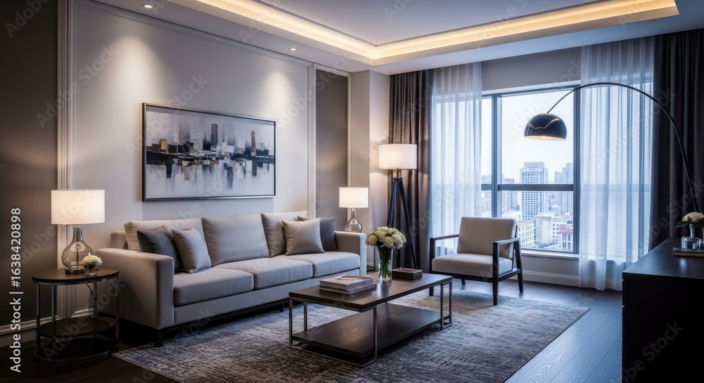 Fototapeta premium Modern living room with beige couch and city view