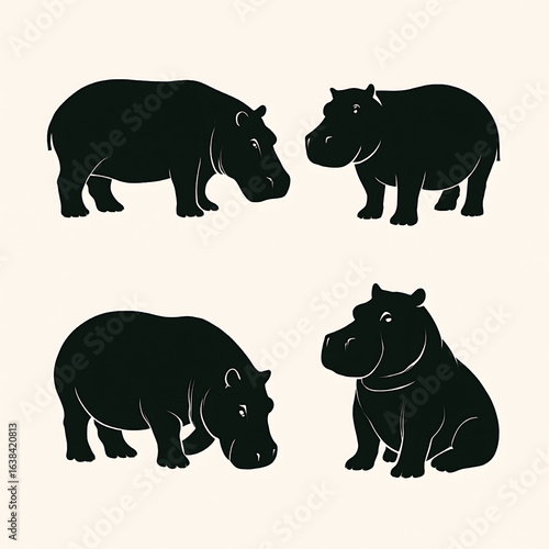 Collection of hippopotamus silhouettes. Heavy and powerful hippo vectors shown in standing and profile poses. Great for African wildlife themes, zoo materials, and animal designs.