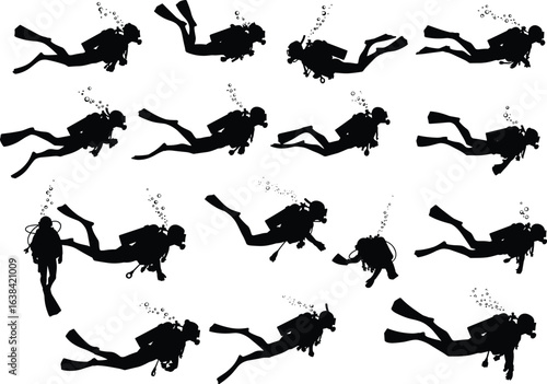 Scuba diver silhouettes underwater swimming bubbles fins oxygen tanks isolated on white background various diving poses marine sport sea exploration diving gear black icons