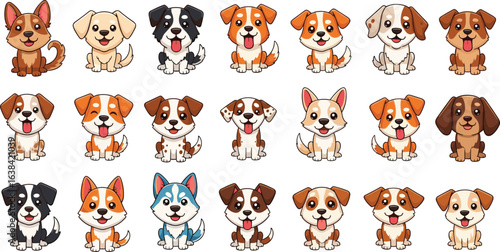 Cartoon dog breed set, cute puppy illustrations, happy dog characters, pet clipart bundle, playful dog graphics, sitting dog icons