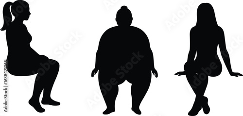 Seated woman silhouette collection diverse body shapes plus size slim female figures sitting poses black isolated icons on white background women clipart vector
