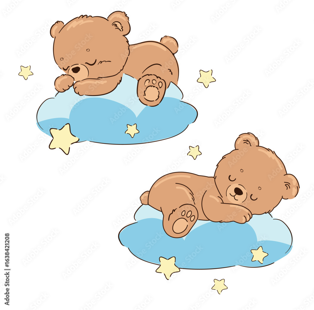 Fototapeta premium Set Cute Baby Bear Sleeping on a Cloud Hand Drawn Vector Illustration