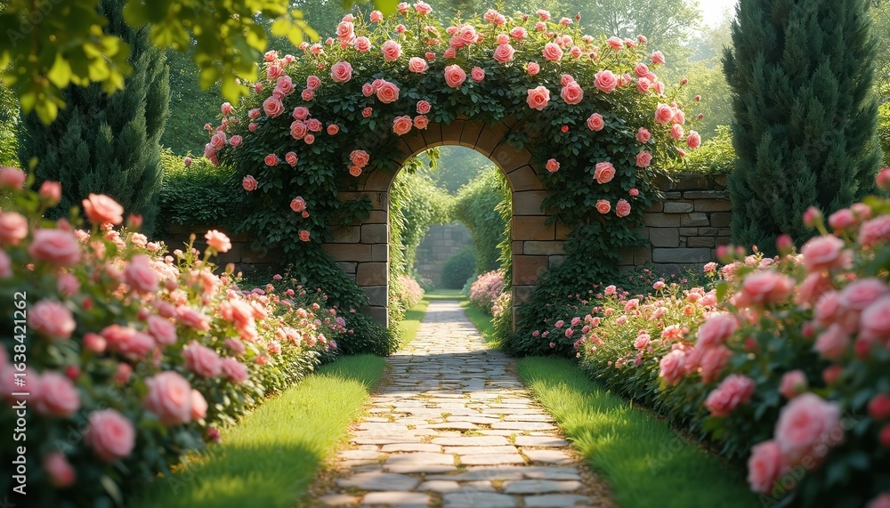 Fototapeta premium English garden pathway featuring pink roses, stone archway. Sunlight filters through green foliage creating serene atmosphere. Green grass lines stone path, inviting exploration of beautiful,