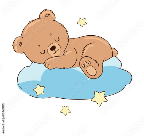 Cute Baby Bear Sleeping on a Cloud Hand Drawn Vector Illustration