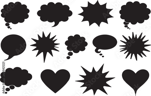 Comic Speech Bubble Silhouettes vector  set  – Thought, Talk & Explosion Shapes Icons, vector design. Vector illustration on transparent background. 